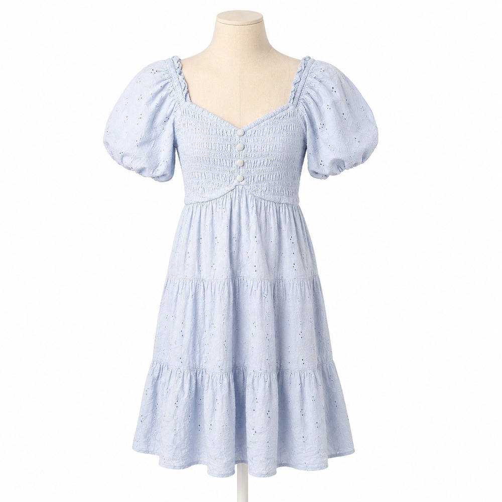 Eyelet Tiered Puff Sleeve Babydoll Peasant Dress Sz S Cottagecore Coquette Fairy